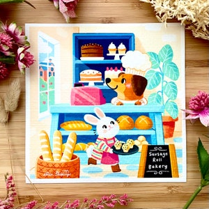 Sausage Dog Bakery Art Print Roll Sweet Bake Baking Teckel Bunny Muffin Sweet Treat illustration petit carré imprimé décor à la maison