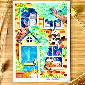 Art Print Illustration House Full of Cats cute cat decor