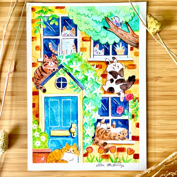 アートプリントイラスト猫だらけの家かわいい猫の装飾 - Etsy 日本