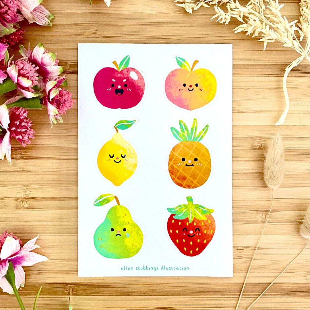 Fruit Sticker Sheet Cute Apple Peach Lemon Pineapple Pear Strawberry ...