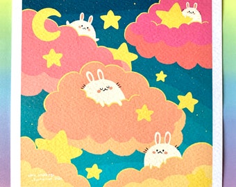 Art Print cute bunnies and clouds illustration small square print home decor
