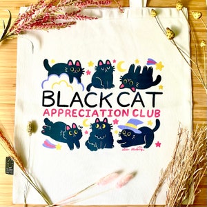 Tote Bag Black Cat Appreciation Club cute design moggy feline shopper shopping reusable bag illustrated art illustration recycled PET