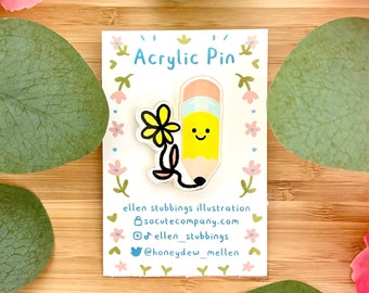 Cute Smiling Pencil With Eraser Acrylic Pin Badge flower charm happy art little face draw creative craft arty drawing friend clear gift idea