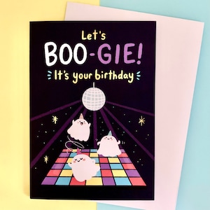 Biglietto d'auguri A6 "Let's Boo-gie! È il tuo compleanno!" con busta in carta kraft, simpatici auguri di compleanno, biglietto vuoto, originale, divertente, regalo.