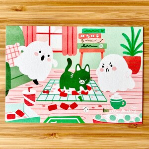 A6 Geist Postkarte Druck März Brettspiel niedlich illustrierter gruseliger Kunstdruck mit schwarzer Katze