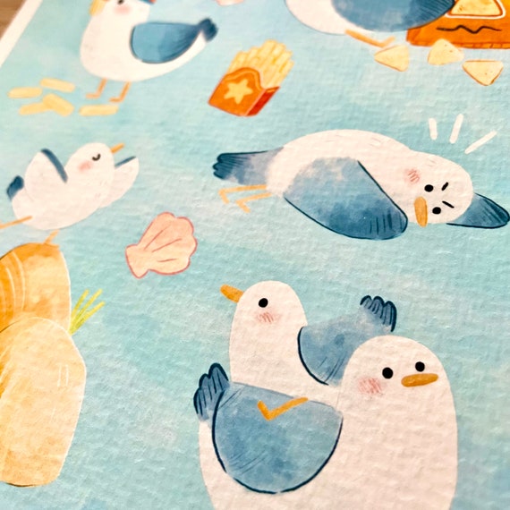 Art Print Illustration Sassy Seagulls Cute Seagull Chips Sea Bird