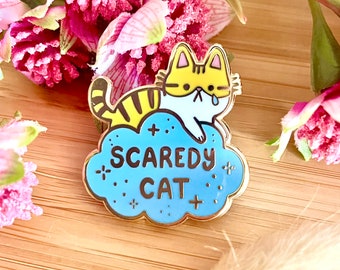 Enamel Pin cute scaredy cat on cloud metal anxious ginger cat lapel pin bag accessory gift idea