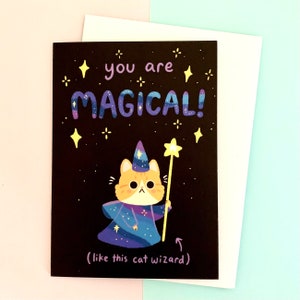 Carte Magical Cat Wizard, jolie carte vierge A6, carte d'anniversaire, carte de remise des diplômes, félicitations, carte pour lettres, magie, original