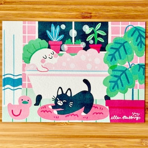 A6 Ghost Postcard Print May bathroom cute illustrated spooky art print with black cat