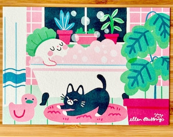 A6 Ghost Postcard Print May bathroom cute illustrated spooky art print with black cat