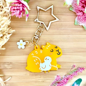 Acrylic Keyring Capybara & Duck Keychain Charm gift idea yellow bag accessory Cute Kawaii Animal Pun Bird White keys