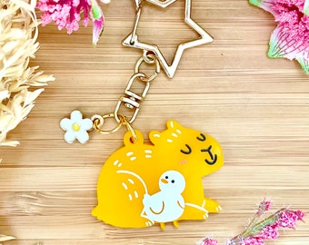 Acrylic Keyring Capybara & Duck Keychain Charm gift idea yellow bag accessory Cute Kawaii Animal Pun Bird White keys