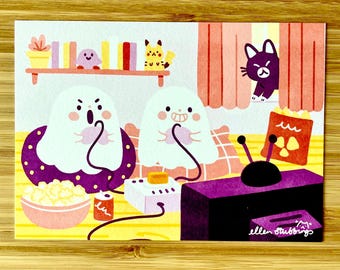 A6 Ghost Postcard Print August video game  cute illustrated spooky art print with black cat