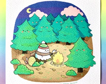 ghost camping illustration small square print home decor Art Print cute