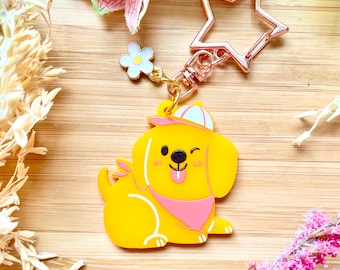 Acrylic Keyring Dog in a Hat Keychain Charm gift idea yellow bag accessory Cute Kawaii canine Animal Pun bandana red baseball cap keys