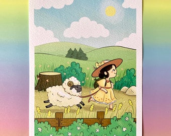 girl and sheep illustration Art Print cute