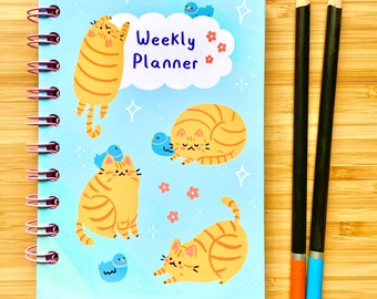 Weekly Planner Cat and Pigeon Buddies A6 wirebound, notebook, memo pad, dairy, journal