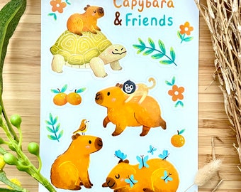 Capybara & Friends Sticker Sheet Large gloss illustrated stickers Cute animal recyclable splashproof gift monkey turtle orange kawaii