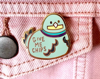 Enamel Pin cute give me chips pigeon lapel pin badge bird animal fries bag accessory gift idea