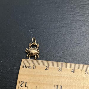 K&ouml;nnte beinhalten: Ein goldfarbener Krabbenanh&auml;nger mit einem kleinen Verbindungsring an der Oberseite. Der Anh&auml;nger liegt &uuml;ber einem Holzlineal, das zeigt, dass die Krabbe selbst eine Breite und H&ouml;he von etwa 2 cm aufweist.