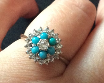 White gold turquoise and white sapphire cluster ring