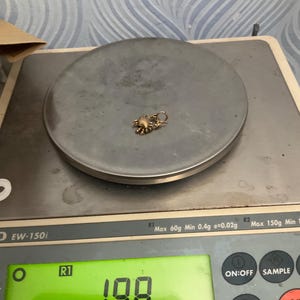K&ouml;nnte beinhalten: Ein kleiner goldfarbener Krabbenanh&auml;nger mit einem runden Verbindungsring, der auf einer digitalen Waage liegt. Das Display der Waage zeigt ein Gewicht von 1,98 Gramm an. Das Ger&auml;t ist mit EW-150i beschriftet und hat eine Kapazit&auml;t von 150 Gramm.
