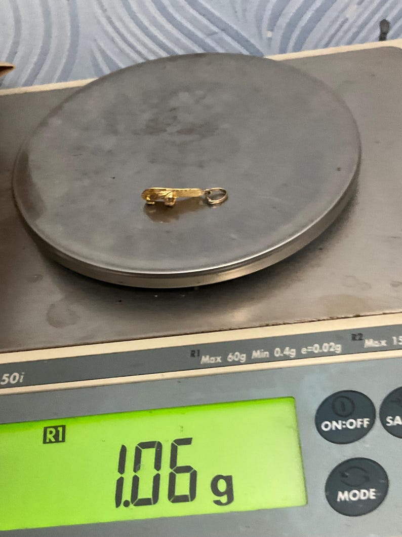 K&ouml;nnte beinhalten: Ein kleiner goldfarbener Metallanh&auml;nger mit strukturierter Oberfl&auml;che und einem runden Verbindungsring an einem Ende. Der Anh&auml;nger liegt auf einer digitalen Waage, die ein Gewicht von 1,06 Gramm anzeigt, wobei das Display den Wert deutlich wiedergibt.