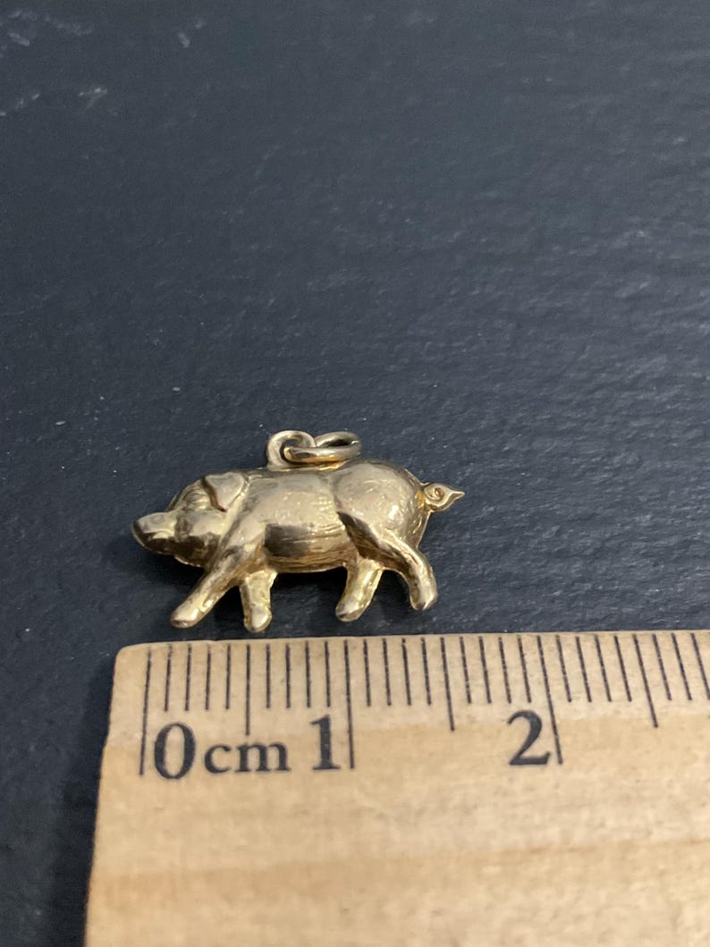K&ouml;nnte beinhalten: Ein goldfarbener Schweineanh&auml;nger mit einer kleinen &Ouml;se an der Oberseite zur Befestigung. Der Anh&auml;nger ist &uuml;ber einem Holzlineal positioniert und zeigt eine L&auml;nge von etwa 2 cm von der Schnauze bis zum Schwanz, was die Form des Tieres darstellt.