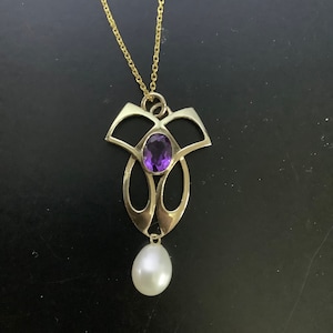 9ct gold art nouveau style amethyst and pearl pendant