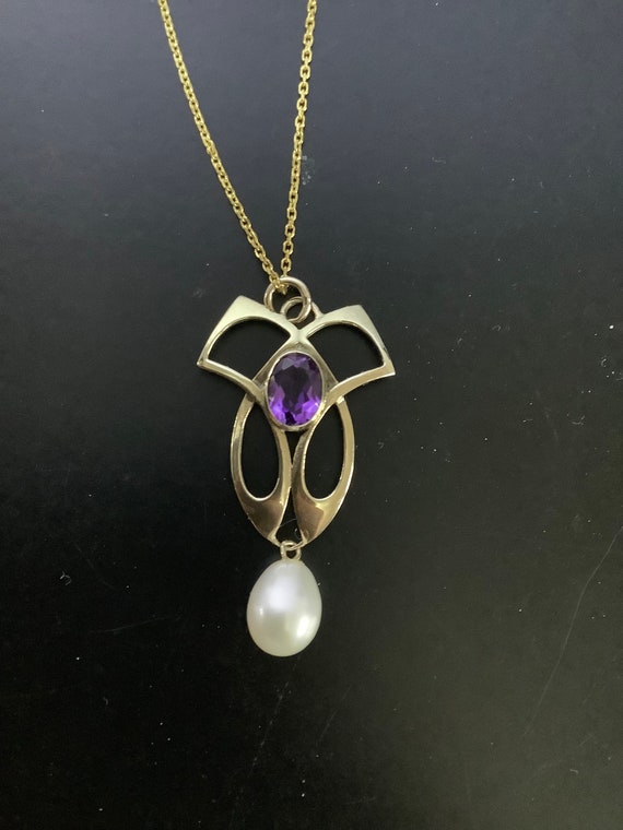 9ct gold art nouveau style amethyst and pearl pend