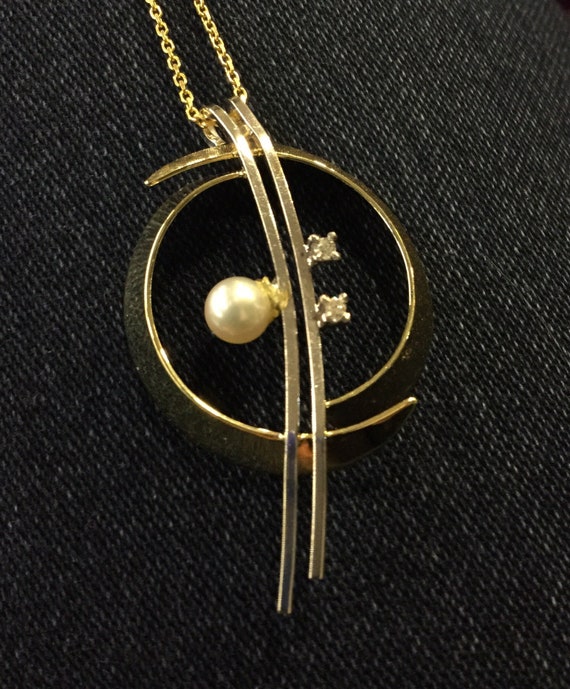 14ct gold pearl and diamond brutalist pendant - image 2