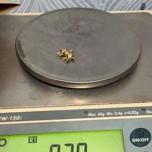 K&ouml;nnte beinhalten: Ein kleiner goldfarbener Schweineanh&auml;nger auf einer digitalen Waage. Das Display der Waage zeigt ein Gewicht von 0,78 Gramm an. Die Waage ist ein silberfarbenes Modell mit einer runden Wiegefl&auml;che und einem gr&uuml;nen Digitaldisplay.