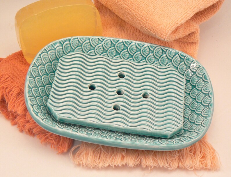 Ceramic Soap Dish with Drain in Teal Green with Scalloped Etsy