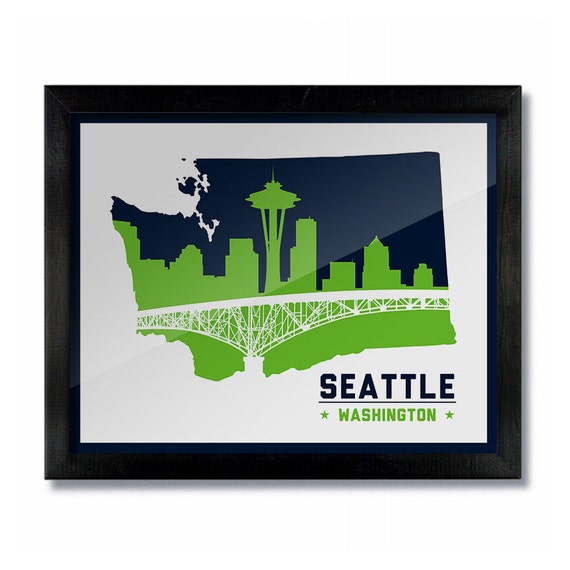 Seattle, Washington Skyline Poster Print: Wall Art Choose a Size - Seahawks White