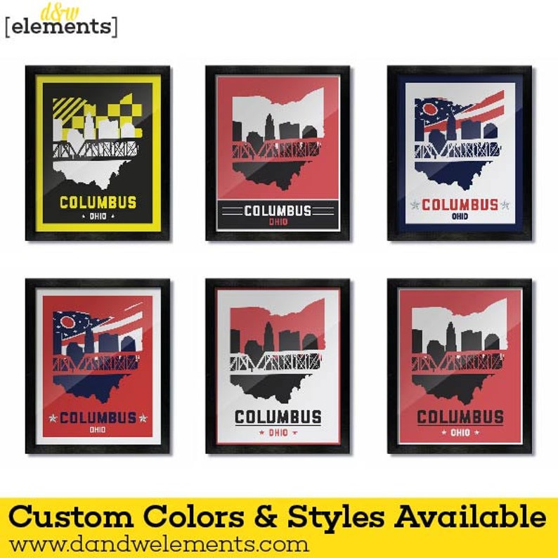 May include: Six different variations of a Columbus, Ohio skyline print. Each print features a black silhouette of the city skyline with a bridge in the foreground. The prints are framed in black and feature different color backgrounds, including red, yellow, and blue.