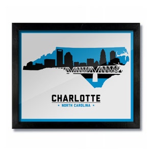 Charlotte, North Carolina Skyline Poster Print: Wall Art Choose a Size - Panthers White