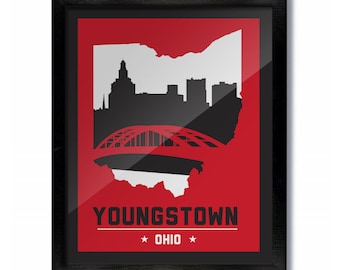Youngstown, Ohio Skyline Poster Print: Wall Art Choose a Size - Red/Black