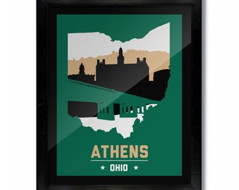 Athens, Ohio Skyline Poster Print: Wall Art Choose a Size - Green/Gold