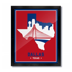 Dallas, Texas Skyline Poster Print: Wall Art Choose a Size - Red/Blue Baseball