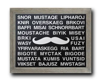 Mustache Languages Movember  -  Multiple Different Language Hallway and Wall Art Typography Black and White