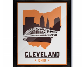 May include: A minimalist poster with an orange silhouette of the state of Ohio, featuring a white silhouette of the Cleveland skyline and a bridge. The text "CLEVELAND" and "OHIO" is printed in black below the silhouette.