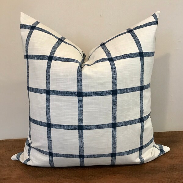 Blue and Creamy White Windowpane Plaid Pillow • Farmhouse Pillow • Throw Pillow • Plaid Pillow • Windowpane Pillow • Any Size