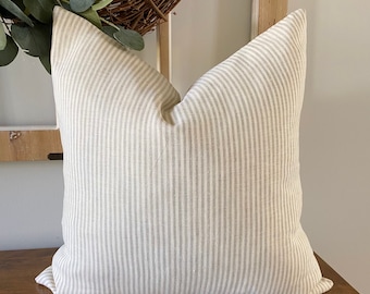 Linen Beige Stripe Pillow • Cream and Beige Pillow • Neutral Throw Pillow • Farmhouse Pillow Cover •  Linen Striped Pillow