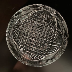 Vintage Mid-Century Heavy Cut Crystal Round Ashtray Etched Detail