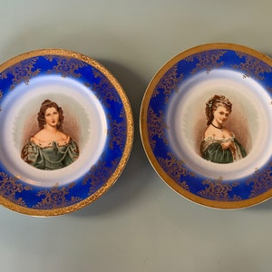 2 Vintage Royal Bayreuth Bavaria Porcelain Victorian Lady Portrait Plates 10.5” West Germany
