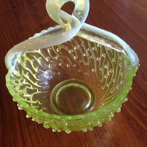 Vaseline Glass Twisted Handle Hobnail Basket - Seaweed 1920s