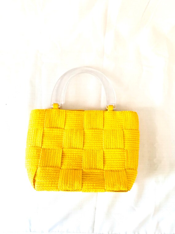 2000s Clear Lucite Top Handle Handbag Yellow Woven
