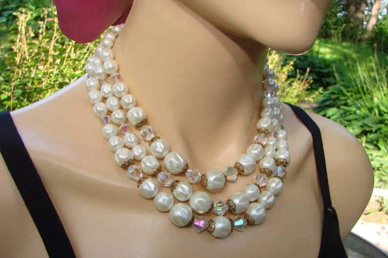 3 strands white and AB beads with gold tone findings chunky Lovely mid century classic perfect for any outfit. vintage necklace