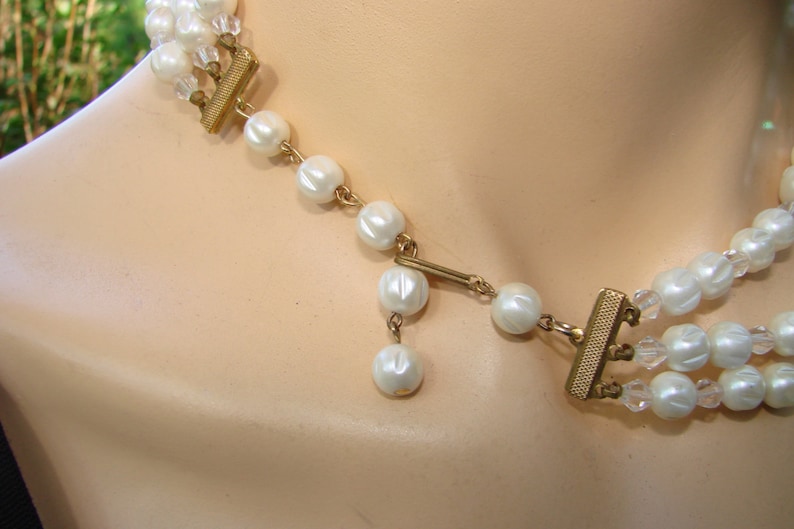 3 strands white and AB beads with gold tone findings chunky Lovely mid century classic perfect for any outfit. vintage necklace