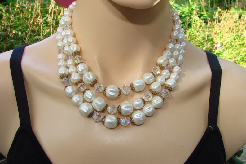 3 strands white and AB beads with gold tone findings chunky Lovely mid century classic perfect for any outfit. vintage necklace